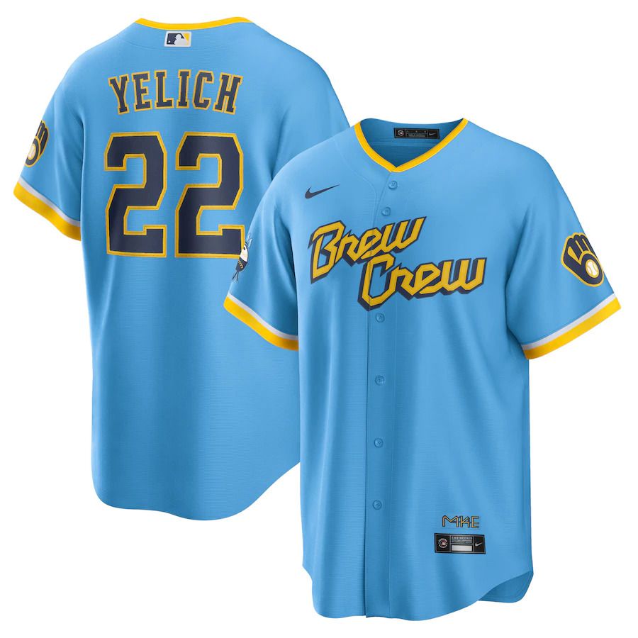 Custom Men Milwaukee Brewers 22 Christian Yelich Nike Powder Blue 2022 City Connect Replica Player MLB Jersey